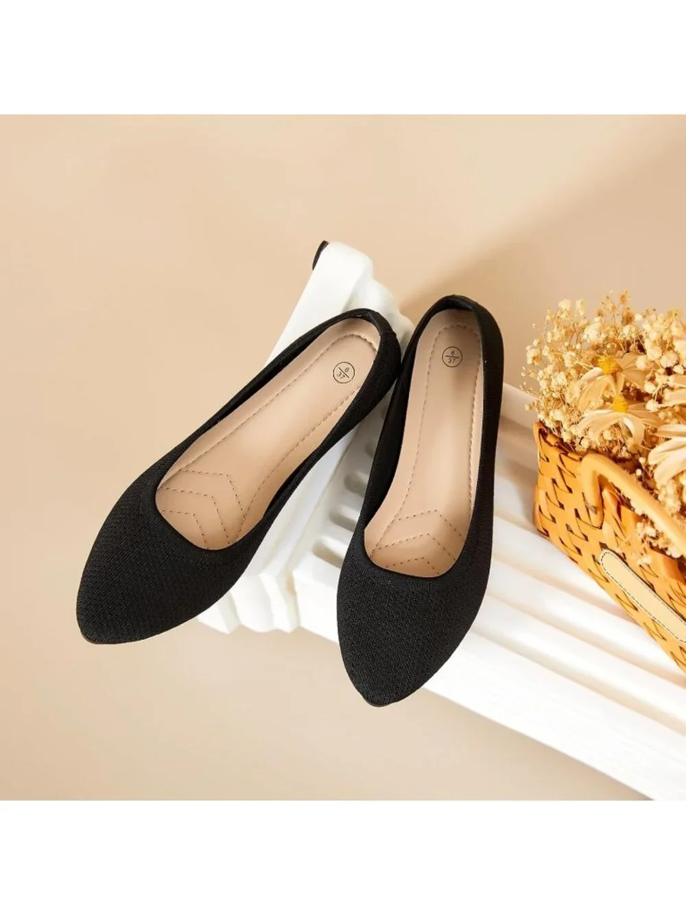 Women’s All Black Ballet Flats Comfortable Mesh Pointed Toe Slip On Dress Shoes